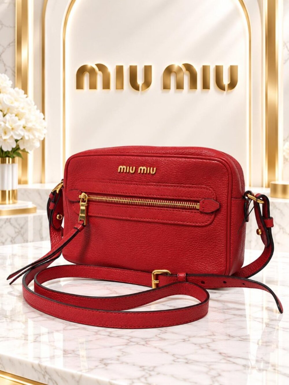 Authentic Miu Miu Red Madras Leather Camera Crossbody Bag Gold Hardware